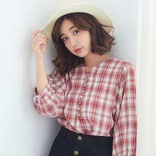 3/4-sleeve V-neck Plaid Blouse