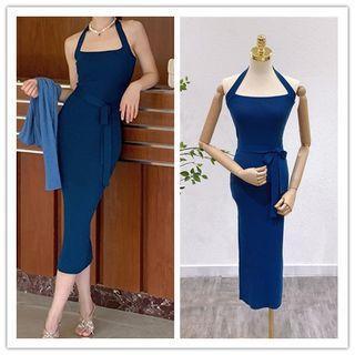 Sleeveless Square Neck Tie-waist Sheath Dress / Open Front Cropped Cardigan