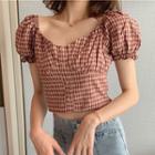 Puff-sleeve Plaid Crop Top Plaid - Red - One Size