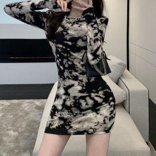 Long-sleeve Dye Print Mini Sheath Dress