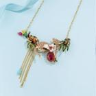 Fashion Exaggerated Plated Gold Enamel Cheetah Flower Tassel Necklace With Cubic Zirconia Golden - One Size