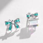 925 Sterling Silver Rhinestone Bow & Gift Box Earring 1 Pair - Blue & Silver - One Size