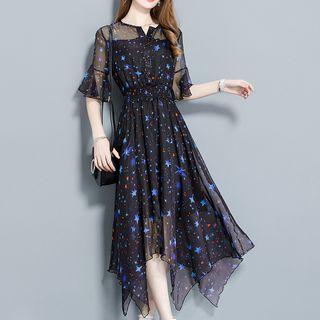 Star Print Short-sleeve A-line Midi Dress