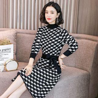 Mock Neck Tie-waist Houndstooth A-line Sweater Dress