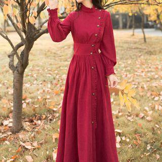 Ruffle Trim Long-sleeve Buttoned Maxi A-line Dress