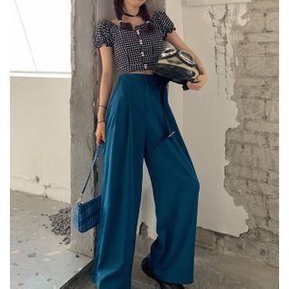 Off-shoulder Plaid Top / Wide-leg Pants