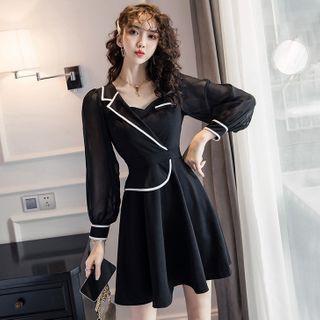 Long-sleeve Asymmetric Contrast Trim A-line Dress