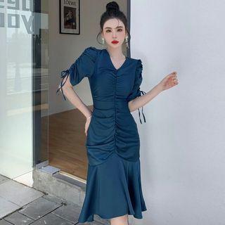Puff-sleeve V-neck Ruffle Hem Midi Sheath Dress