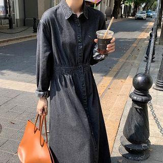 Long-sleeve Plain Denim Midi Shirtdress