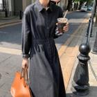 Long-sleeve Plain Denim Midi Shirtdress