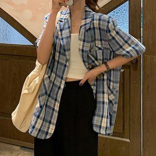 Plaid Short-sleeve Blazer Set Of 2 - Top - Blue - One Size / Pants - Black - One Size