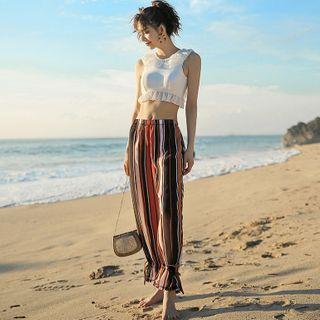 Set: Ruffle Bikini + Striped Cover-up Pants
