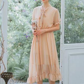 Short-sleeve Ruffled A-line Midi Chiffon Dress