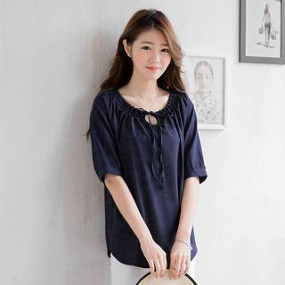 Pleated Elbow-sleeve Top