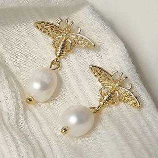 Bee Alloy Freshwater Pearl Dangle Earring 1 Pair - 1951 - Gold - One Size