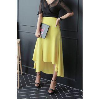 Asymmetric-hem Flare Midi Skirt