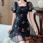 Puff Sleeve Square Neck Mesh Butterfly Embroidered A-line Dress