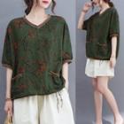 Short-sleeve Floral Print Blouse Army Green - One Size