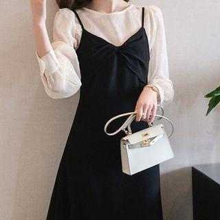 Set: Puff-sleeve Blouse + Bow Midi Overall Dress