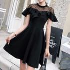 Short-sleeve Dotted Mesh Panel Ruffled A-line Dress