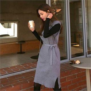 Turtle-neck Layered Midi Knit Dress