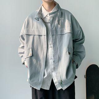 Belted Collar Plain Zip Jacket