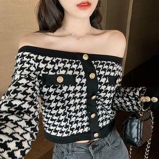 Off-shoulder Houndstooth Cropped Top As Shown In Figure - One Size