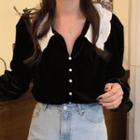 Lace Collar Velvet Button-up Blouse Black - One Size
