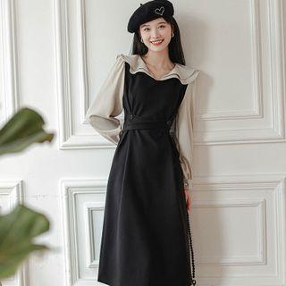 Long-sleeve Layered Collar Two-tone Midi A-line Dress