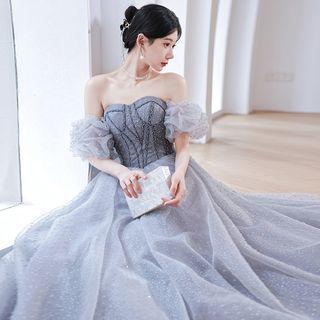 Off-shoulder Dotted Mesh Prom Dress