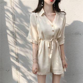 Plain Loose-fit Short-sleeve Playsuit