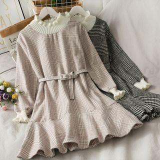 Mock-neck Plaid Mermaid Mini Dress With Belt