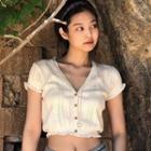 Puff-sleeve Buttoned Knit Crop Top As Shown In Figure - One Size
