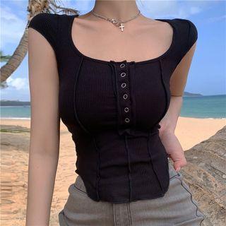 Cap-sleeve Henley Knit Top