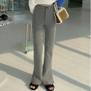 High Waist Houndstooth Slit-hem Straight Leg Pants