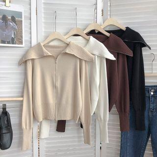 Lapel Zip Bubble Long-sleeve Knit Jacket