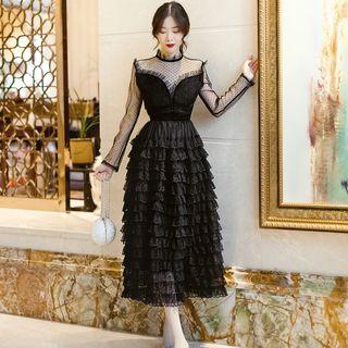 Mesh Mock-neck Lace Panel Layered Midi Dress