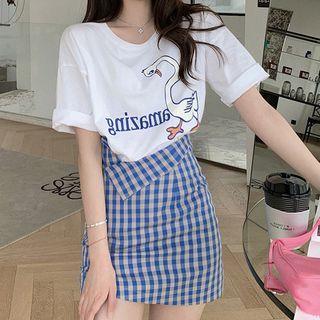 Set: Duck Print Short-sleeve T-shirt + Gingham Mini Pencil Skirt