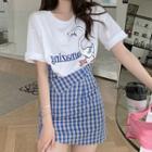 Set: Duck Print Short-sleeve T-shirt + Gingham Mini Pencil Skirt