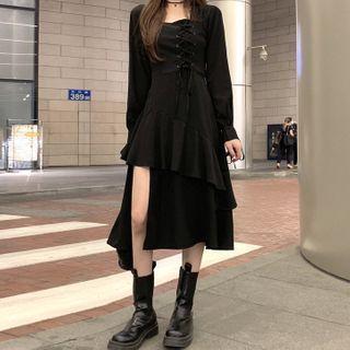 Lace Up Irregular Hem Long-sleeve Midi A-line Dress