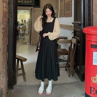 Lantern-sleeve Blouse / Midi Pinafore Dress