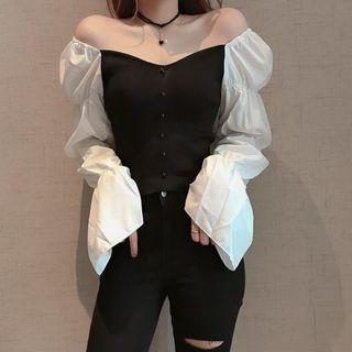 Puff-sleeve Two Tone Knit Top