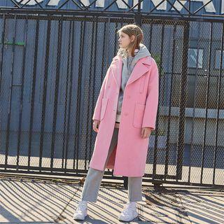 Wide-lapel Wool Blend Long Coat Pink - One Size
