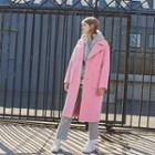 Wide-lapel Wool Blend Long Coat Pink - One Size