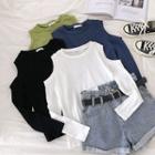 Plain Slim-fit Off-shoulder Long-sleeve Top