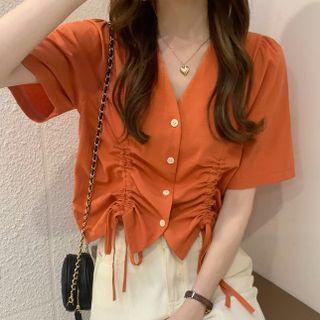 Short Sleeve V-neck Drawstring Shirt