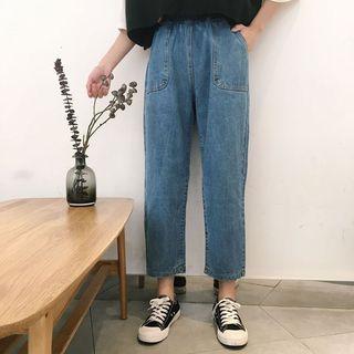 Elastic-waist Cropped Wide-leg Jeans