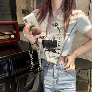 Short-sleeve Print Asymmetric Cropped Top
