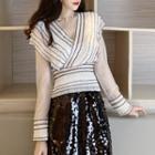 Long-sleeve V-neck Top / Sequin Straight Fit Skirt
