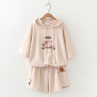 Elbow-sleeve Print Hoodie / Shorts